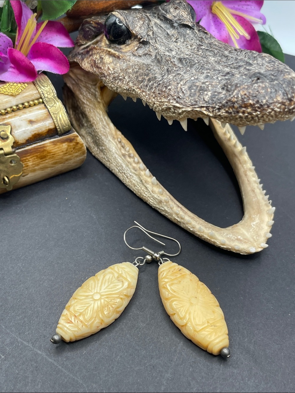 Carved bone shamrock earrings pierced